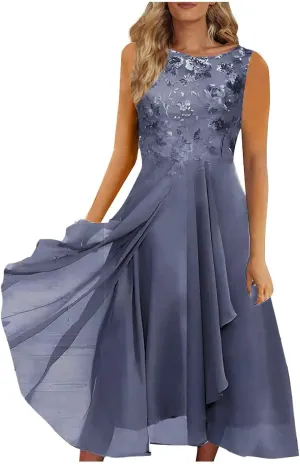 Women's Summer Chiffon Lace Solid Cocktail Dress Short Sleeve Elegant Gown
