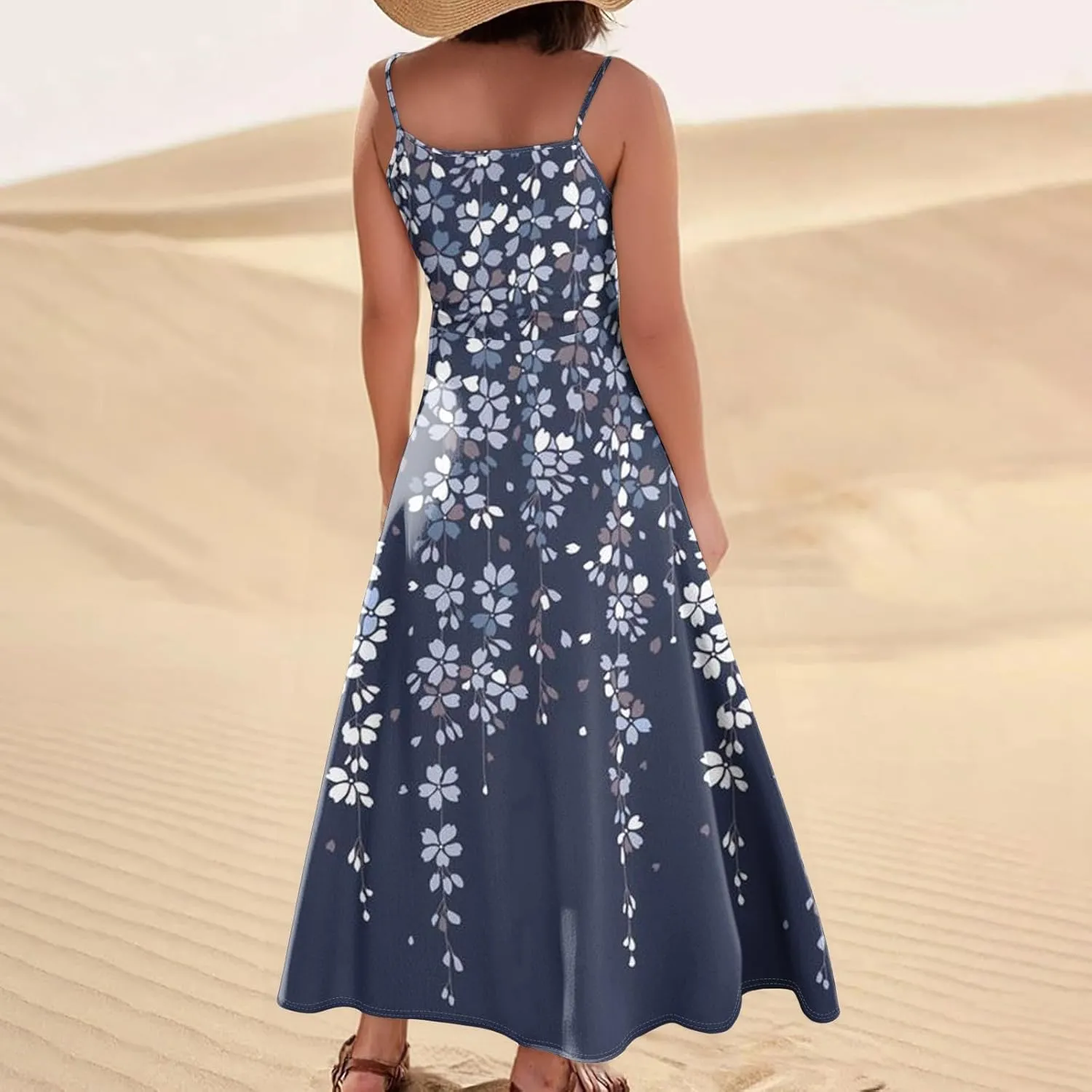 Women's Summer Cotton Linen Long Dress Sleeveless Elegant Flowy Dresses Plus Size Loose Comfy Dress with Pockets