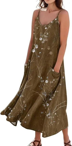 Women's Summer Cotton Linen Long Dress Sleeveless Elegant Flowy Dresses Plus Size Loose Comfy Dress with Pockets