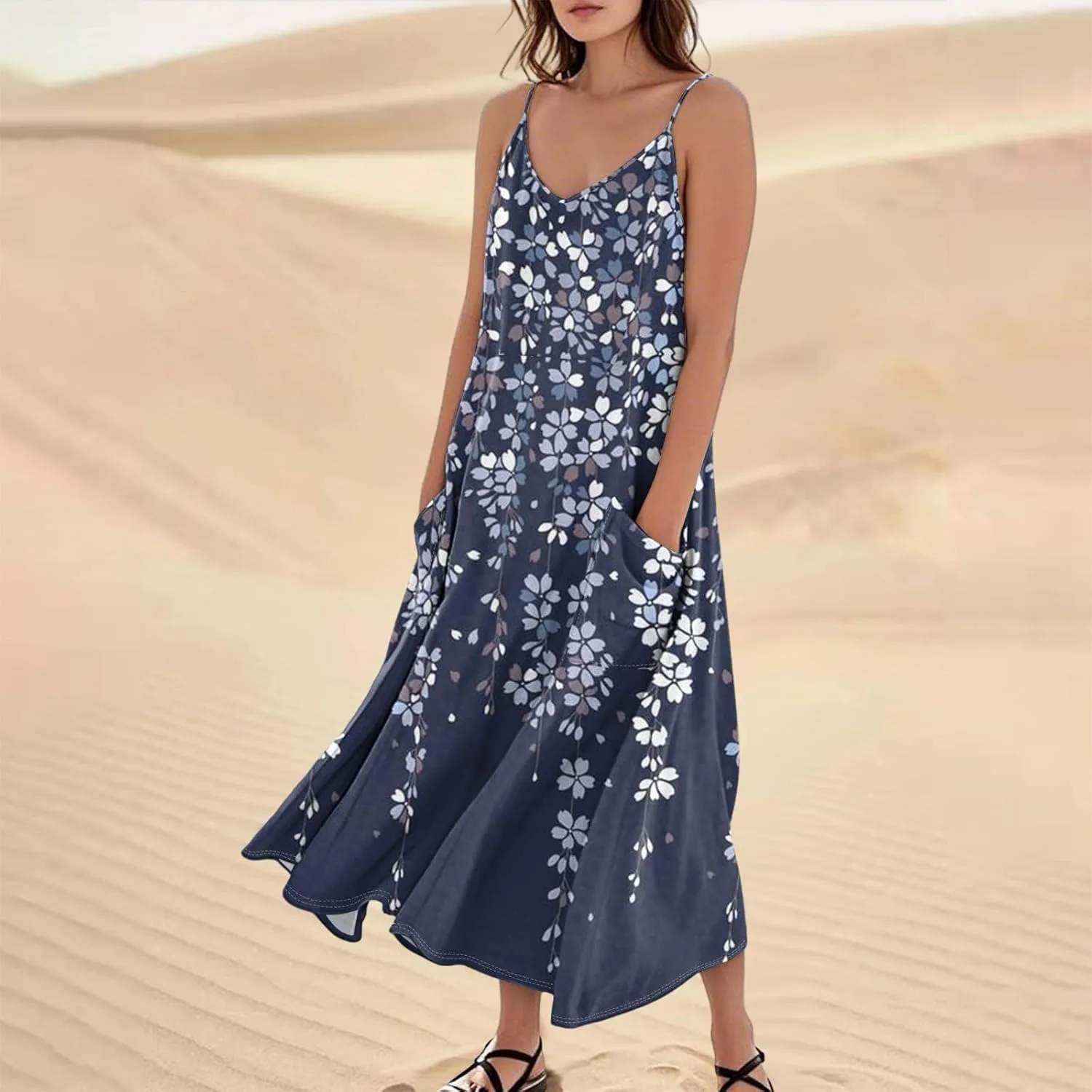 Women's Summer Cotton Linen Long Dress Sleeveless Elegant Flowy Dresses Plus Size Loose Comfy Dress with Pockets