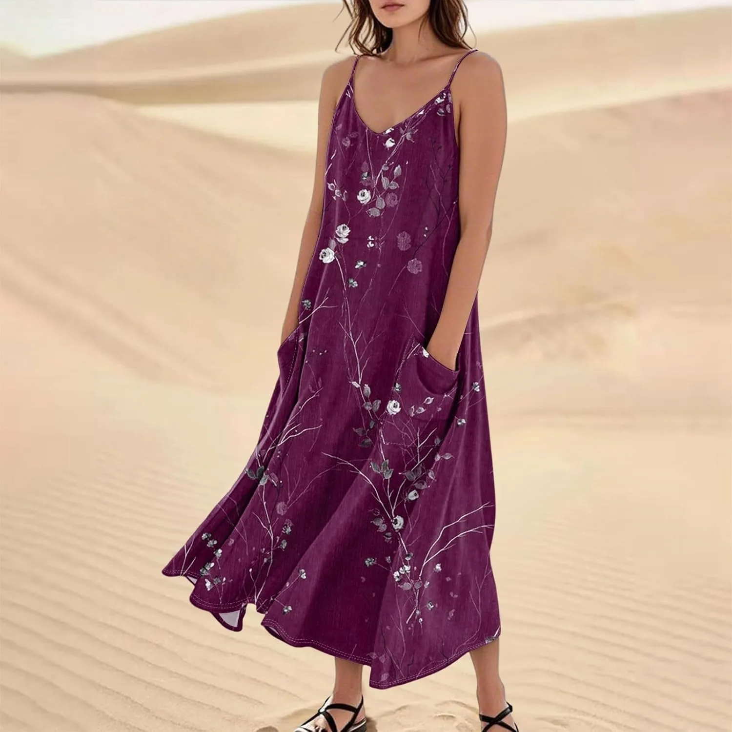 Women's Summer Cotton Linen Long Dress Sleeveless Elegant Flowy Dresses Plus Size Loose Comfy Dress with Pockets