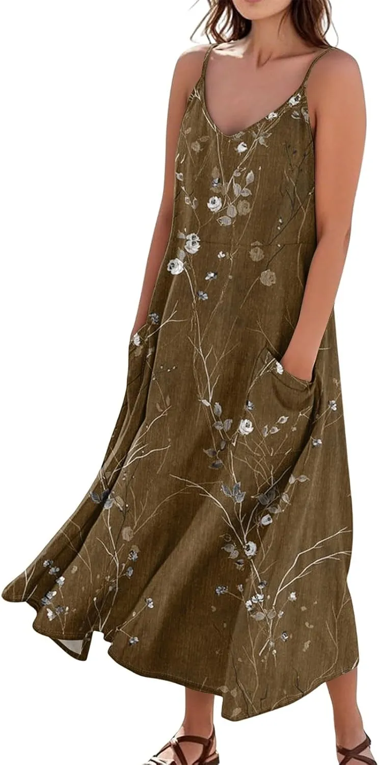 Women's Summer Cotton Linen Long Dress Sleeveless Elegant Flowy Dresses Plus Size Loose Comfy Dress with Pockets