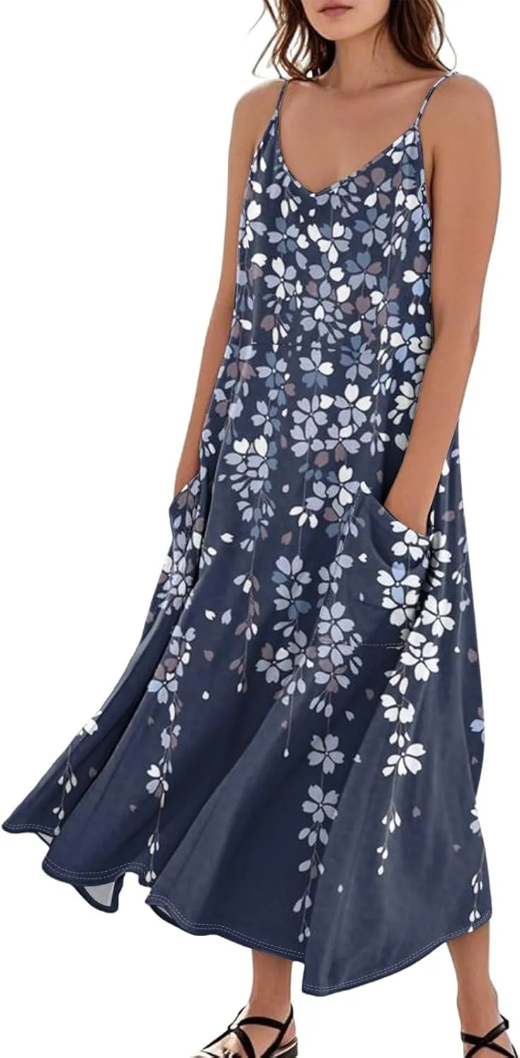 Women's Summer Cotton Linen Long Dress Sleeveless Elegant Flowy Dresses Plus Size Loose Comfy Dress with Pockets