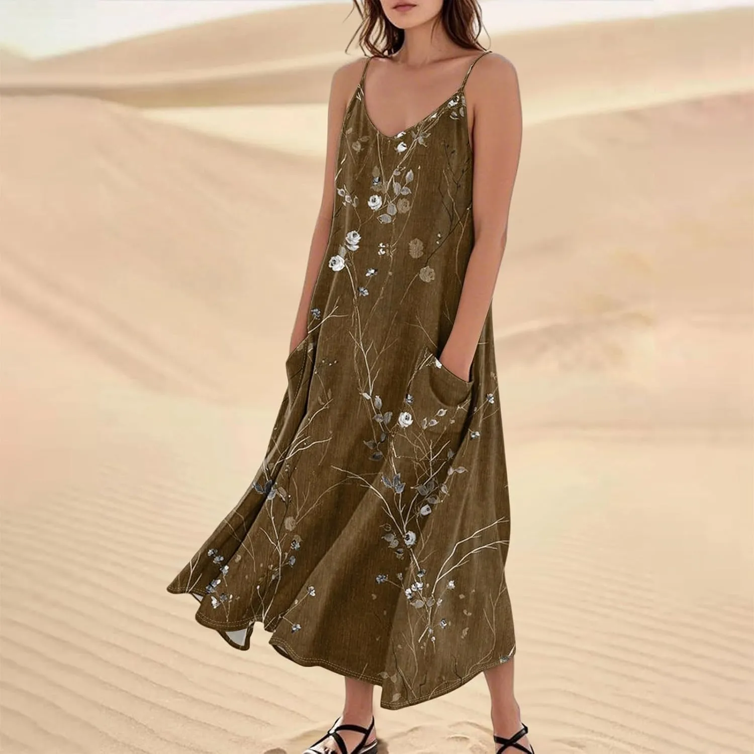Women's Summer Cotton Linen Long Dress Sleeveless Elegant Flowy Dresses Plus Size Loose Comfy Dress with Pockets