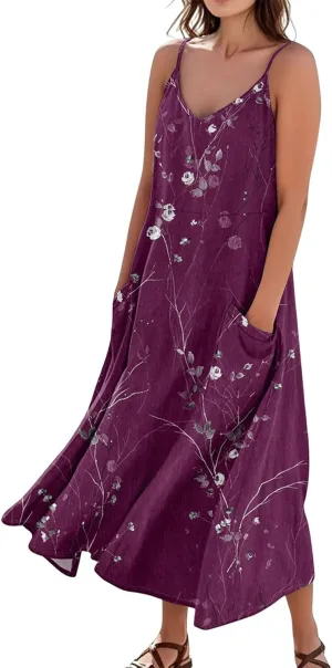 Women's Summer Cotton Linen Long Dress Sleeveless Elegant Flowy Dresses Plus Size Loose Comfy Dress with Pockets