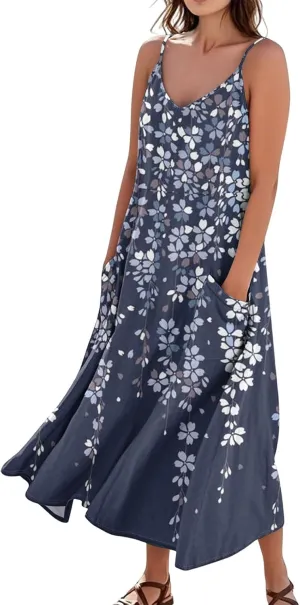 Women's Summer Cotton Linen Long Dress Sleeveless Elegant Flowy Dresses Plus Size Loose Comfy Dress with Pockets