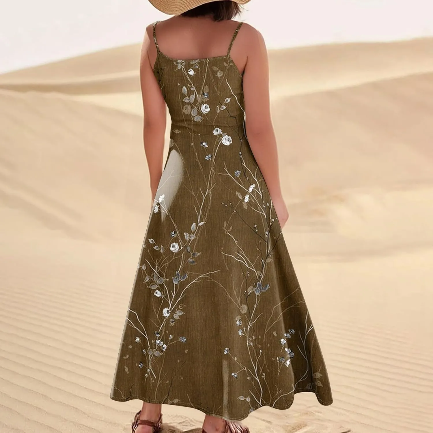 Women's Summer Cotton Linen Long Dress Sleeveless Elegant Flowy Dresses Plus Size Loose Comfy Dress with Pockets