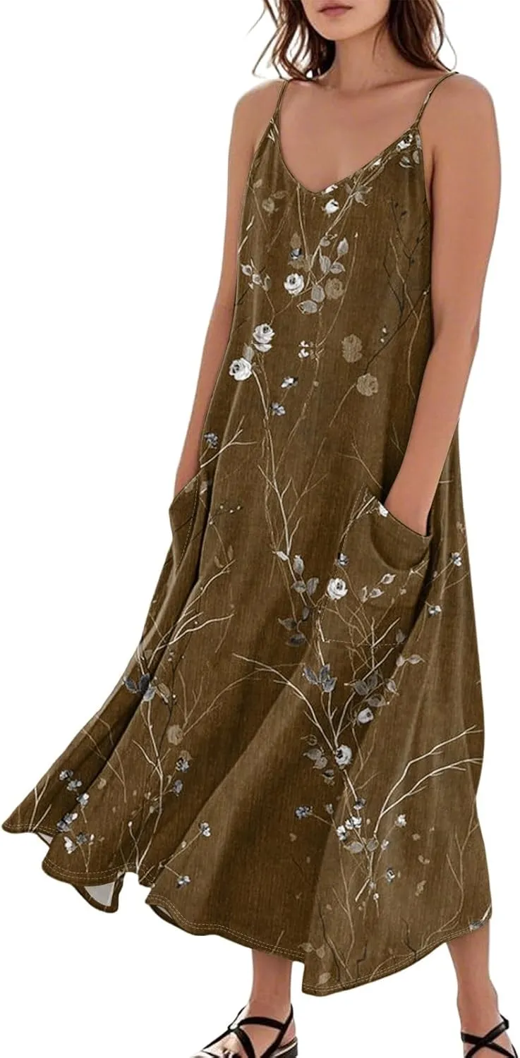 Women's Summer Cotton Linen Long Dress Sleeveless Elegant Flowy Dresses Plus Size Loose Comfy Dress with Pockets