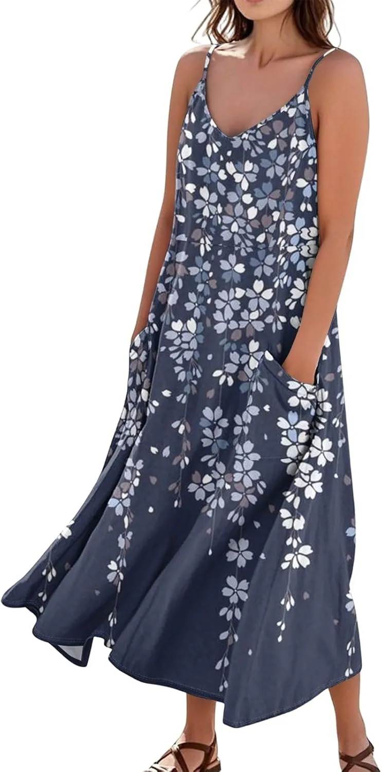 Women's Summer Cotton Linen Long Dress Sleeveless Elegant Flowy Dresses Plus Size Loose Comfy Dress with Pockets