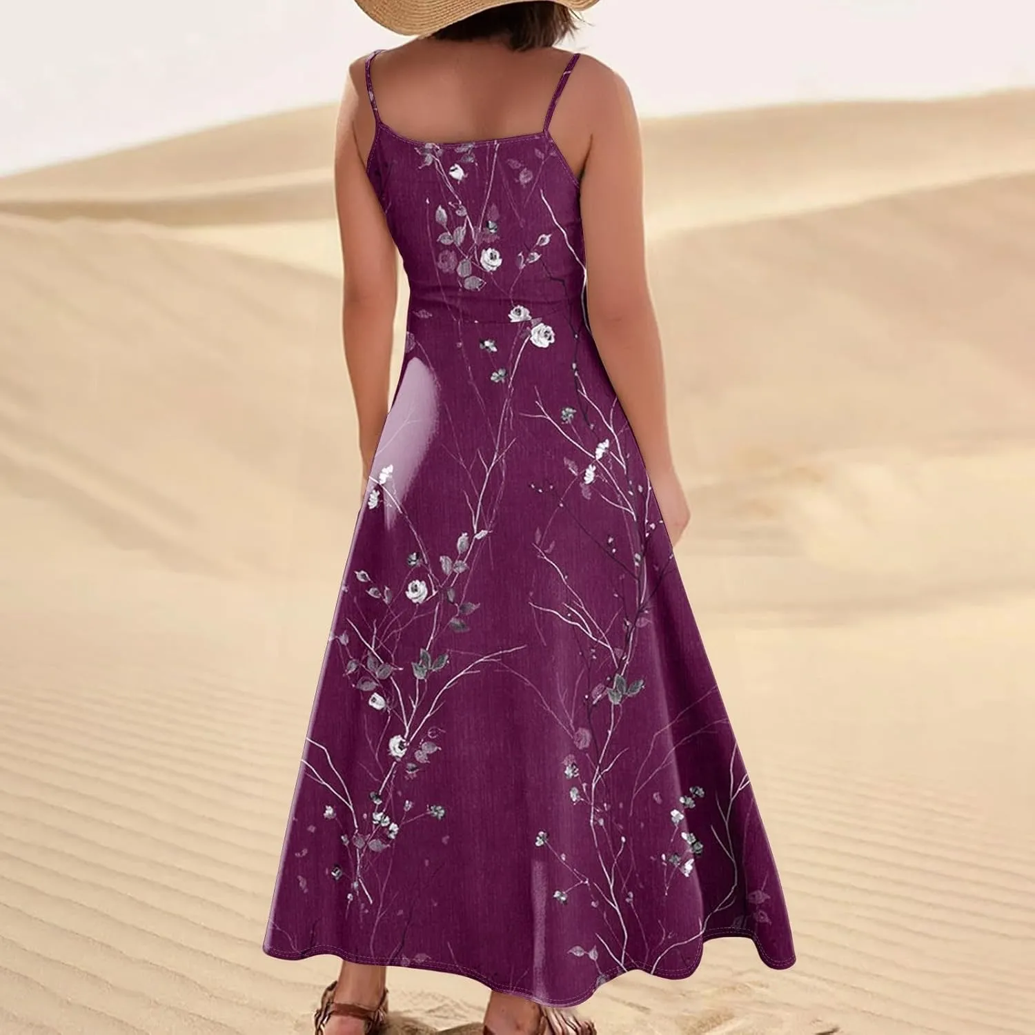 Women's Summer Cotton Linen Long Dress Sleeveless Elegant Flowy Dresses Plus Size Loose Comfy Dress with Pockets