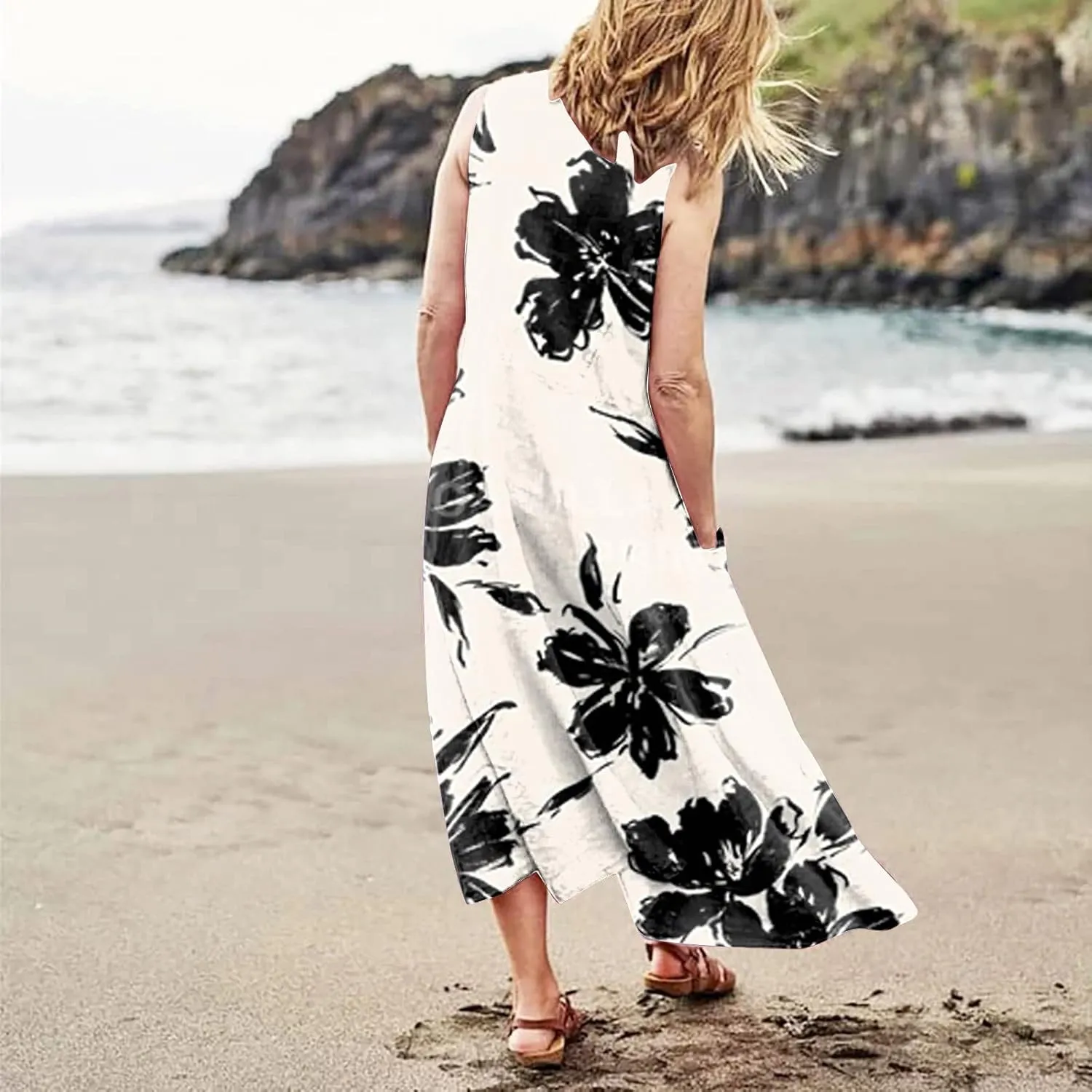 Women's Summer Cotton Linen Long Dress Sleeveless Elegant Flowy Dresses Plus Size Loose Sundress with Pockets