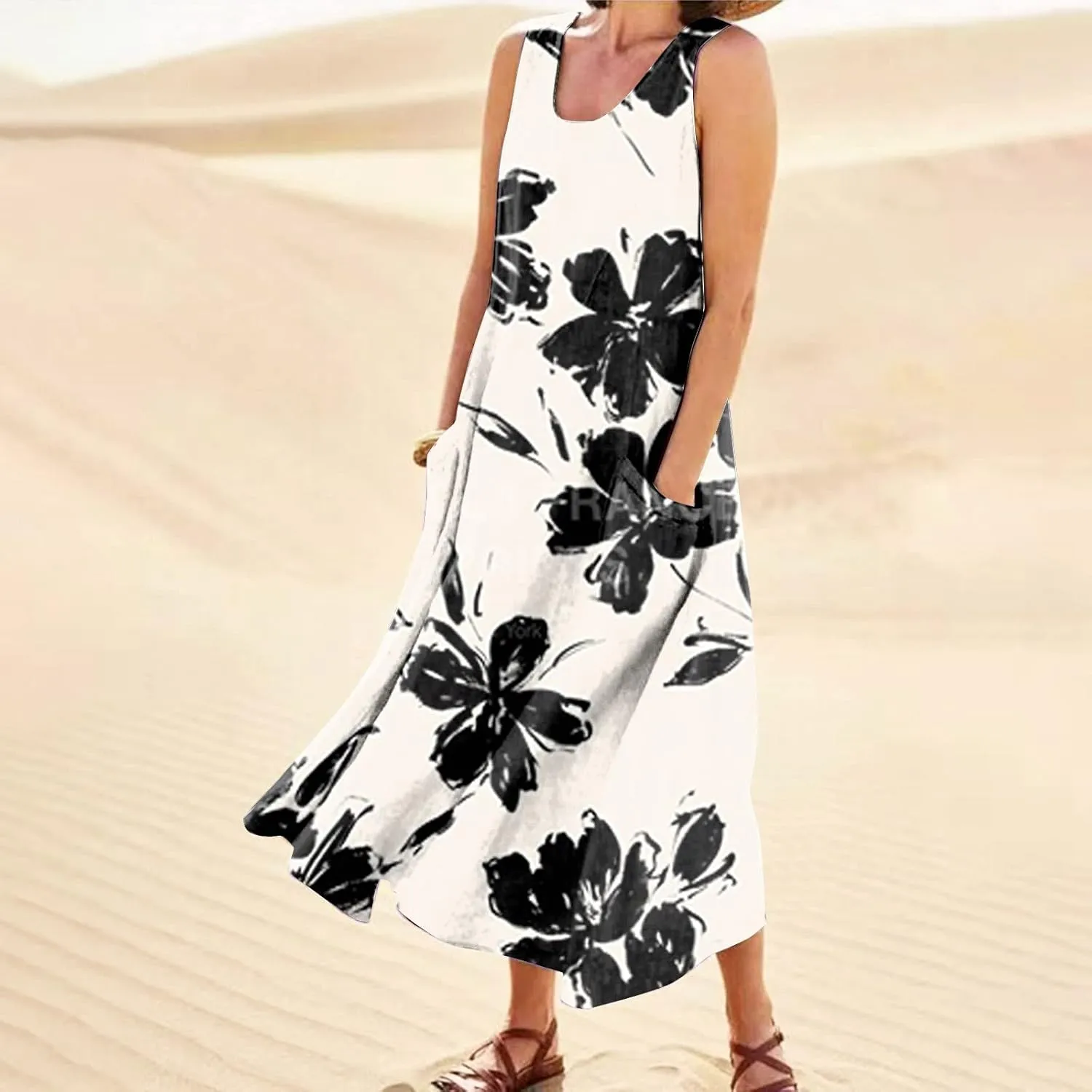 Women's Summer Cotton Linen Long Dress Sleeveless Elegant Flowy Dresses Plus Size Loose Sundress with Pockets