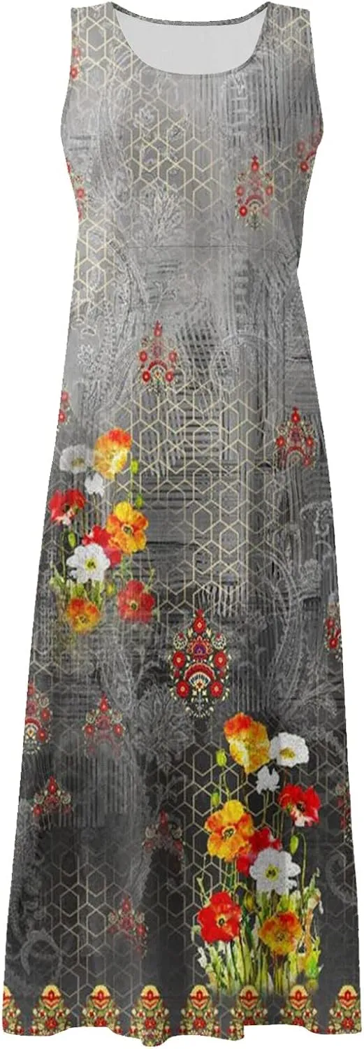 Women's Summer Cotton Linen Long Dress Sleeveless Elegant Flowy Dresses Plus Size Loose Sundress with Pockets