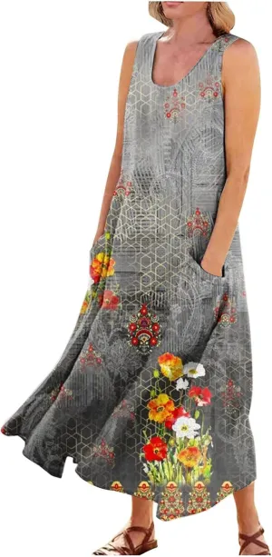 Women's Summer Cotton Linen Long Dress Sleeveless Elegant Flowy Dresses Plus Size Loose Sundress with Pockets
