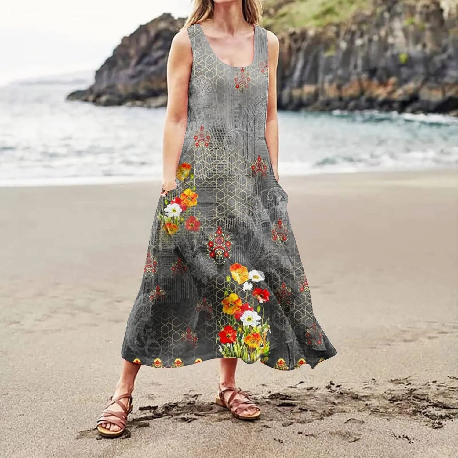 Women's Summer Cotton Linen Long Dress Sleeveless Elegant Flowy Dresses Plus Size Loose Sundress with Pockets