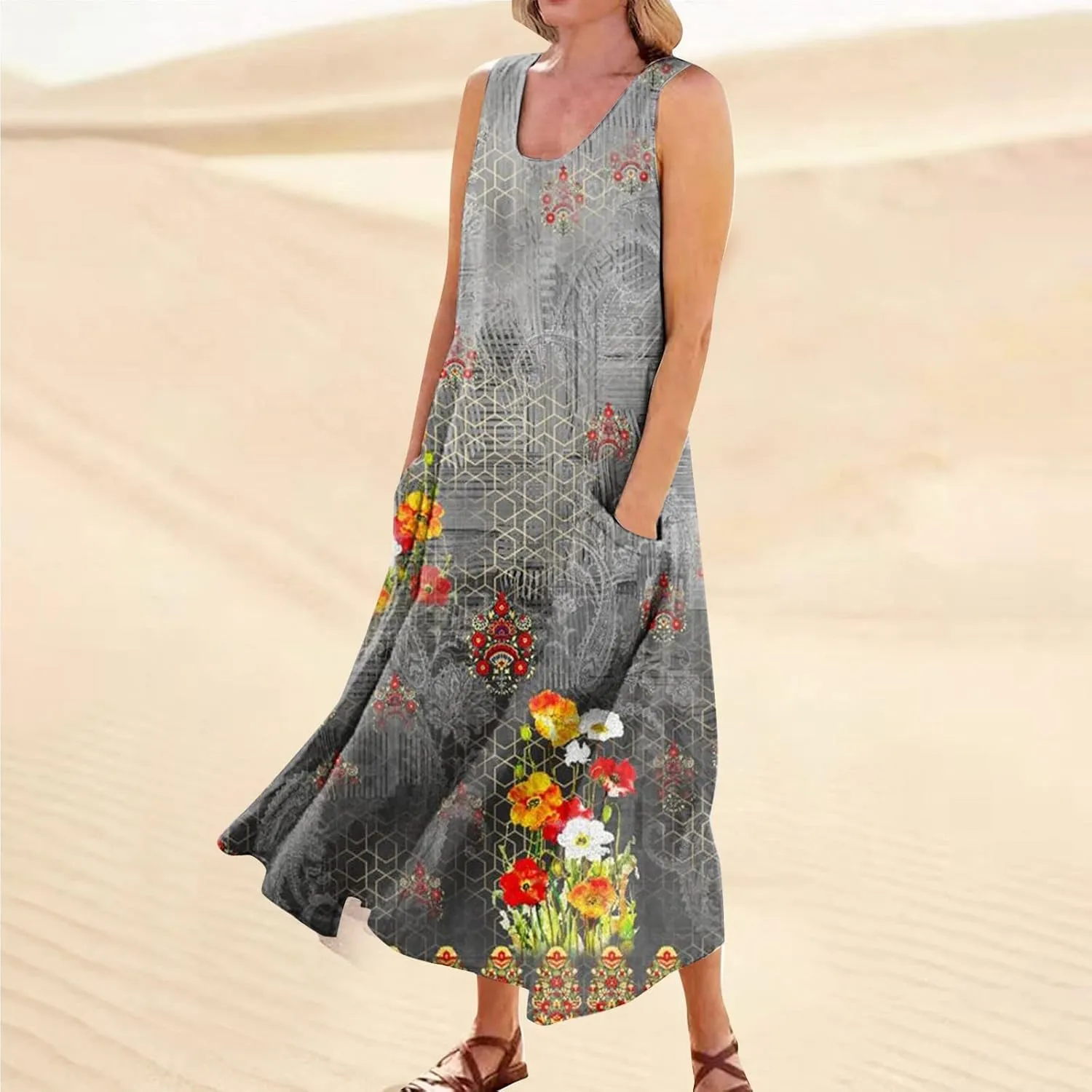 Women's Summer Cotton Linen Long Dress Sleeveless Elegant Flowy Dresses Plus Size Loose Sundress with Pockets
