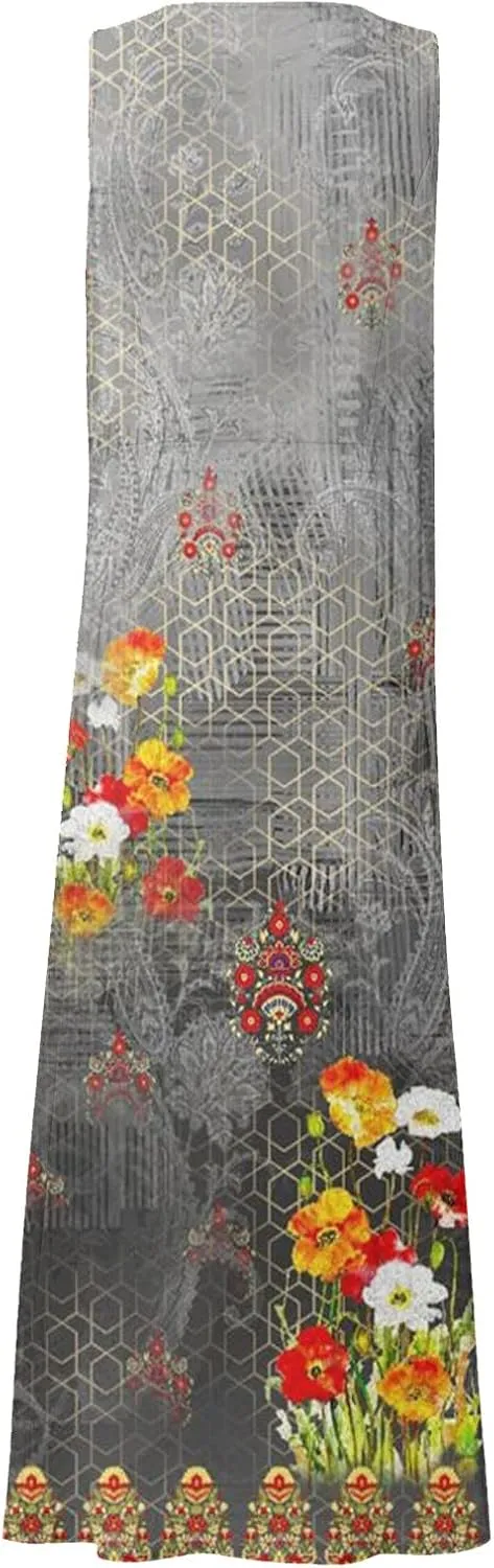 Women's Summer Cotton Linen Long Dress Sleeveless Elegant Flowy Dresses Plus Size Loose Sundress with Pockets