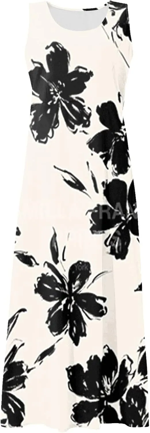 Women's Summer Cotton Linen Long Dress Sleeveless Elegant Flowy Dresses Plus Size Loose Sundress with Pockets