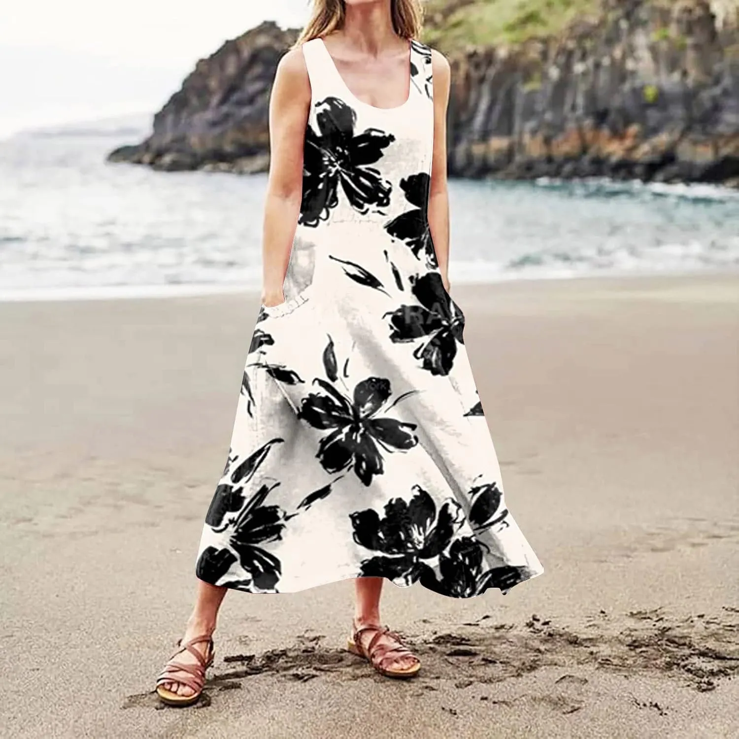 Women's Summer Cotton Linen Long Dress Sleeveless Elegant Flowy Dresses Plus Size Loose Sundress with Pockets