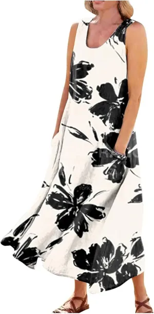 Women's Summer Cotton Linen Long Dress Sleeveless Elegant Flowy Dresses Plus Size Loose Sundress with Pockets