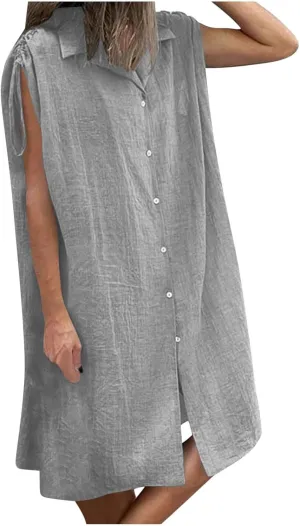 Womens Summer Dresses 2025 Casual Elegant Midi Length Button Down Collared Sundress Beach Cover Up Shirts