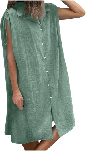 Womens Summer Dresses 2025 Casual Elegant Midi Length Button Down Collared Sundress Beach Cover Up Shirts