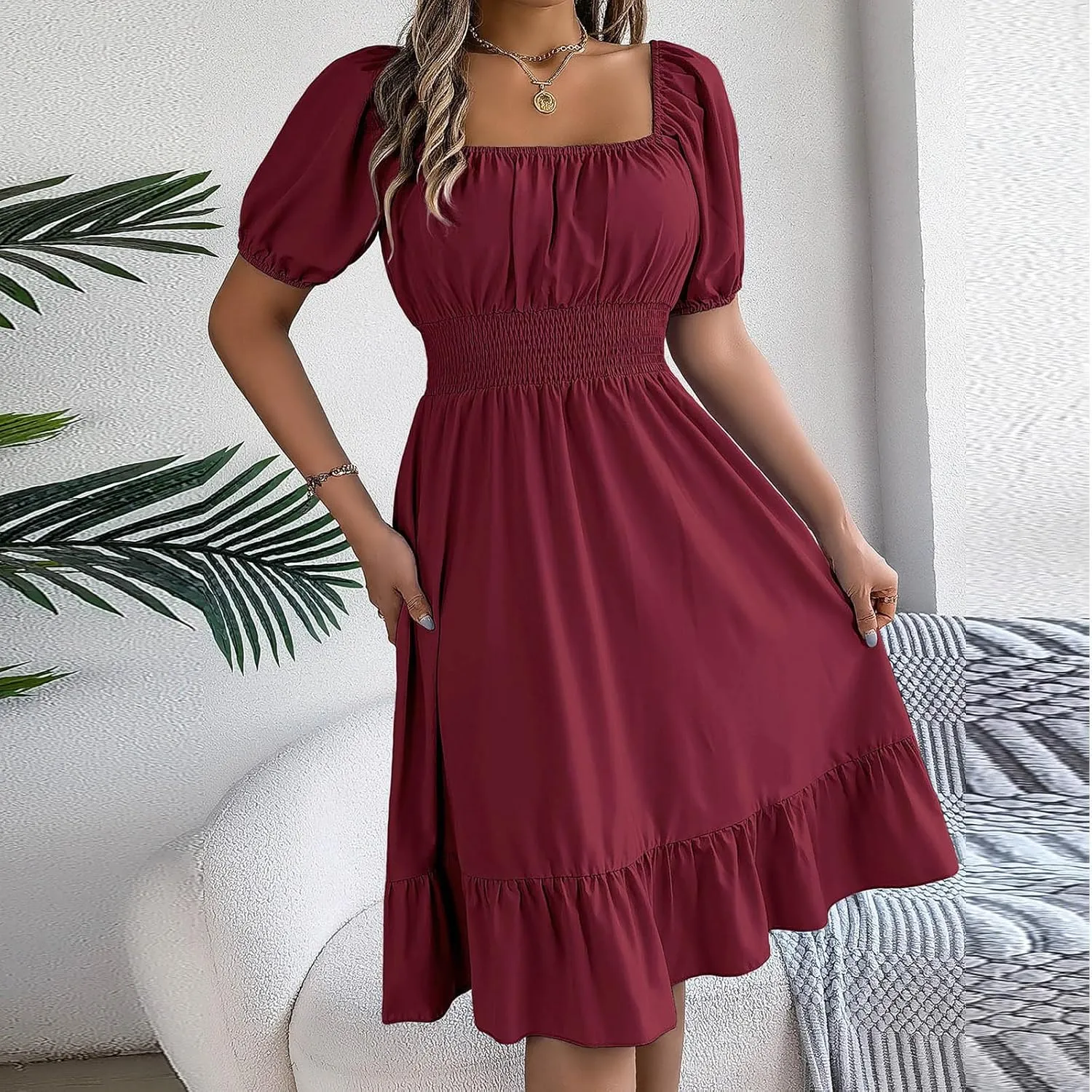 Womens Summer Dresses Short Sleeve Casual Swing Dress Elegant Square Neck Empire Waist Ruffle Sundress 2024