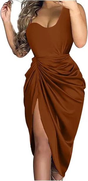 Women's Summer Sexy Elegant Trendy Solid Color Cold Shoulder Sequins Split Party Cocktail Prom Dress, S-3XL