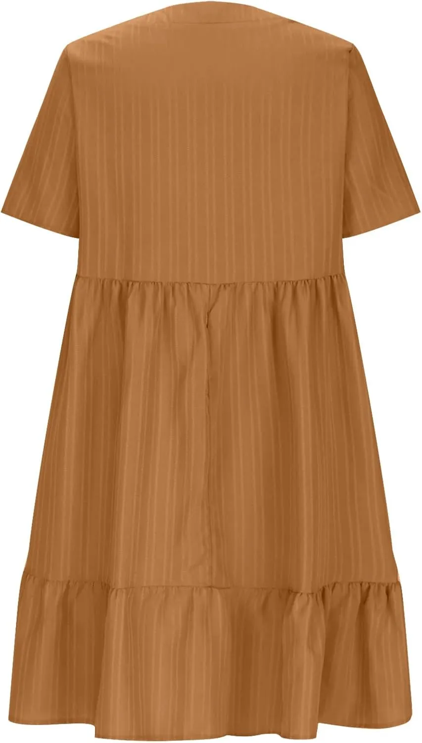 Women's Sundresses Short Sleeve Elegant Mini Dress Ruffle Pleated Summer Dresses Flowy V Neck Beach Dress
