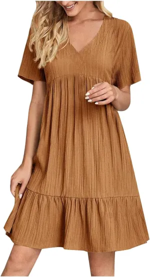 Women's Sundresses Short Sleeve Elegant Mini Dress Ruffle Pleated Summer Dresses Flowy V Neck Beach Dress