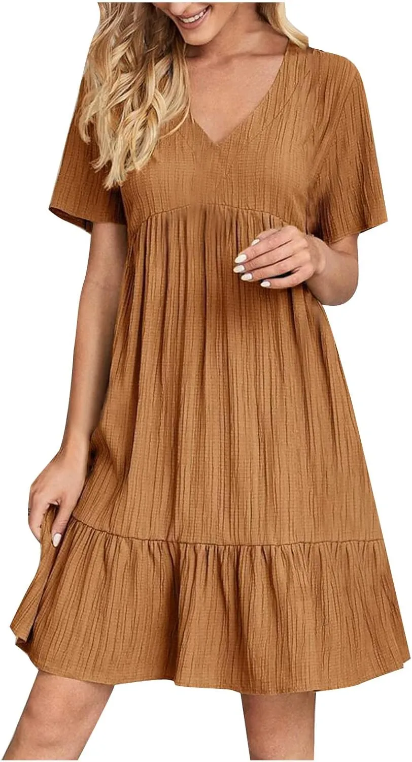 Women's Sundresses Short Sleeve Elegant Mini Dress Ruffle Pleated Summer Dresses Flowy V Neck Beach Dress