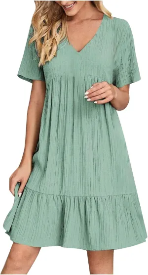 Women's Sundresses Short Sleeve Elegant Mini Dress Ruffle Pleated Summer Dresses Flowy V Neck Beach Dress