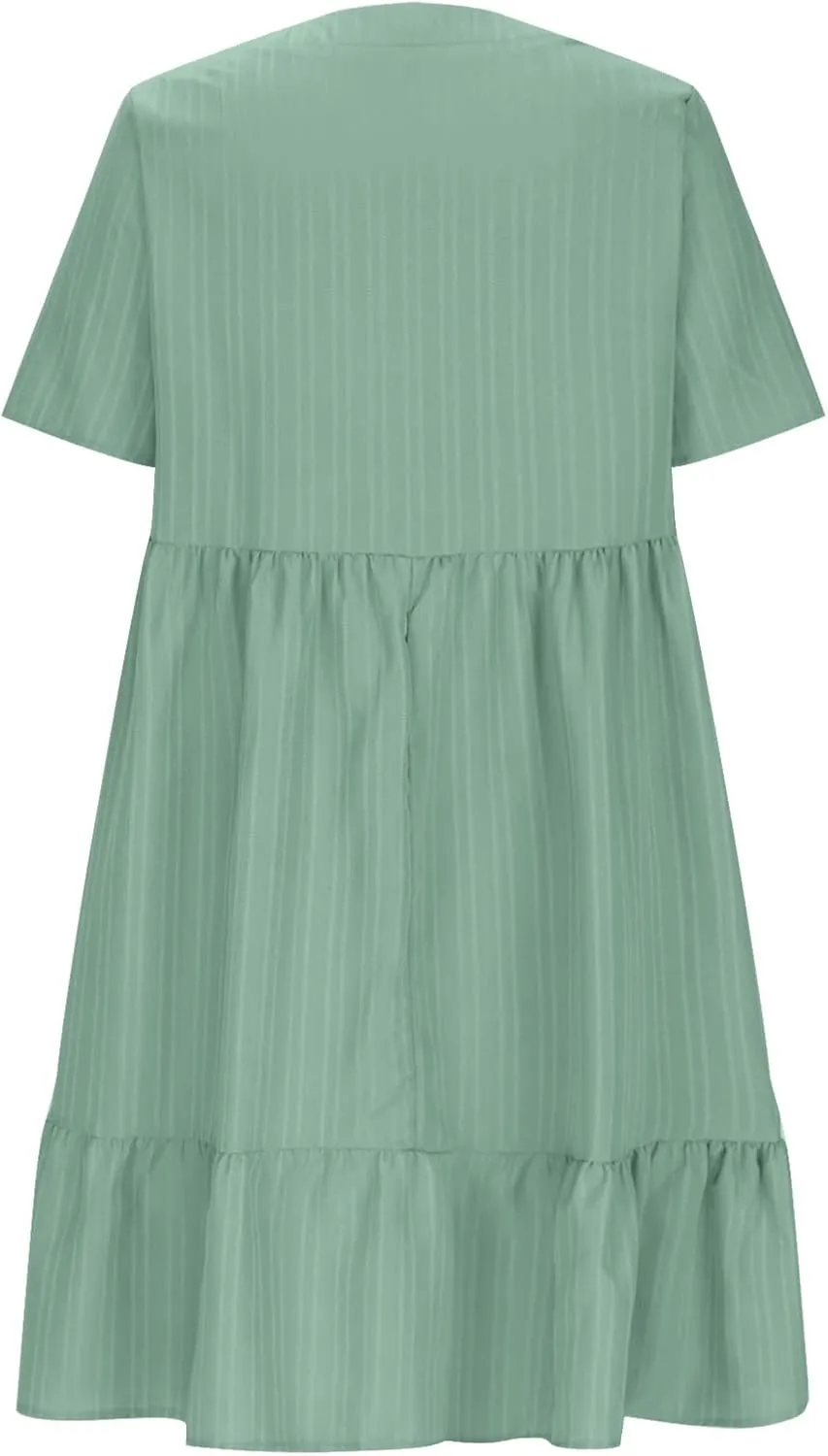 Women's Sundresses Short Sleeve Elegant Mini Dress Ruffle Pleated Summer Dresses Flowy V Neck Beach Dress