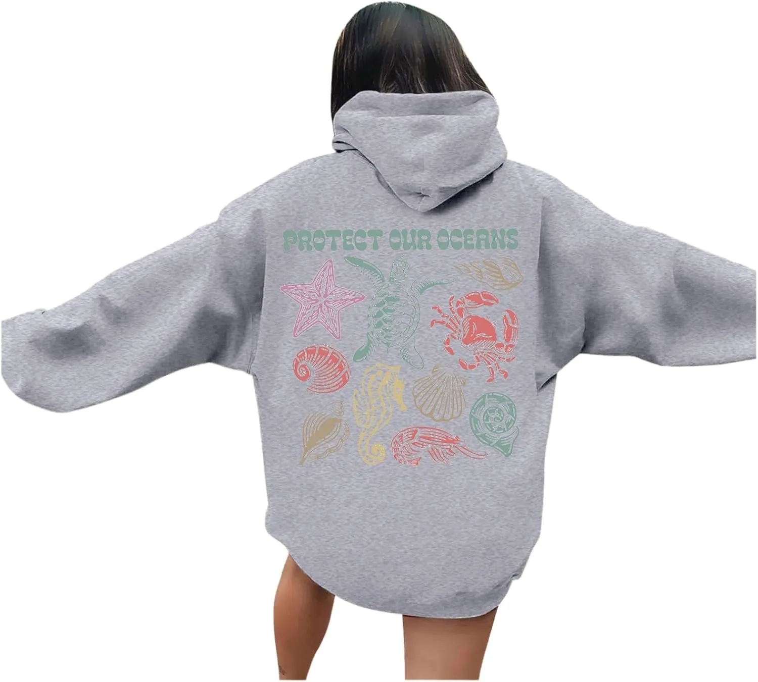 Womens Sweatshirt Graphic Oversized Hoodies Ocean Print Comort Long Sleeve Drawstring Pullover Surfing Hoodie