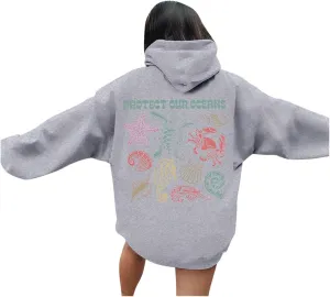 Womens Sweatshirt Graphic Oversized Hoodies Ocean Print Comort Long Sleeve Drawstring Pullover Surfing Hoodie