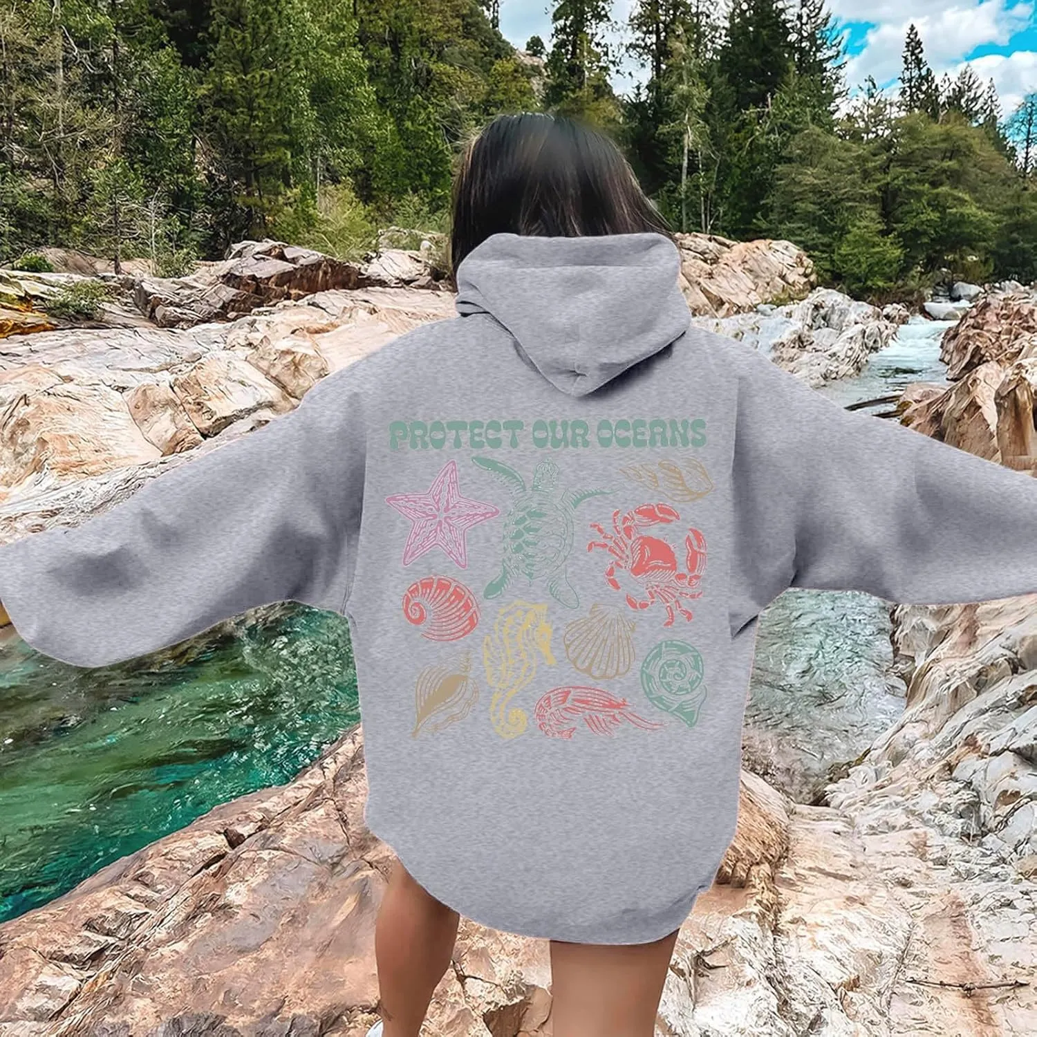 Womens Sweatshirt Graphic Oversized Hoodies Ocean Print Comort Long Sleeve Drawstring Pullover Surfing Hoodie