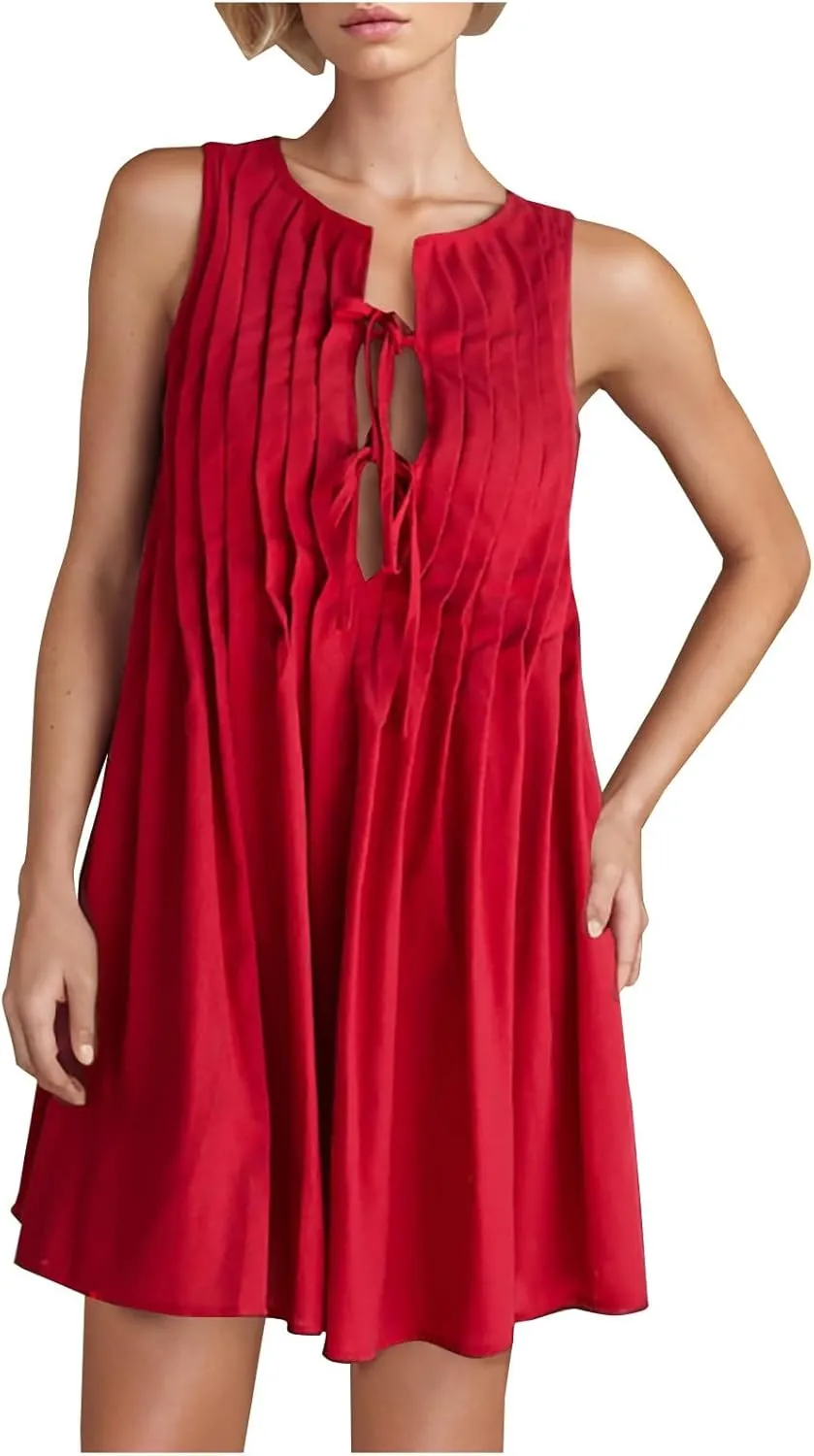 Women's Tie Front Mini Dress Pleated Swing Beach Vacation Sundress 2025 Sleeveless Summer Tank Dresses