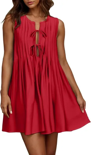 Women's Tie Front Mini Dress Pleated Swing Beach Vacation Sundress 2025 Sleeveless Summer Tank Dresses