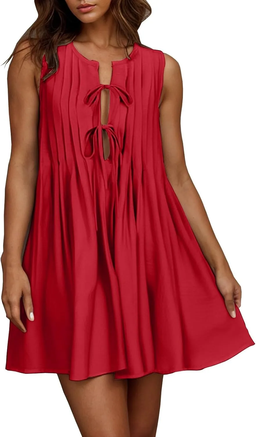 Women's Tie Front Mini Dress Pleated Swing Beach Vacation Sundress 2025 Sleeveless Summer Tank Dresses