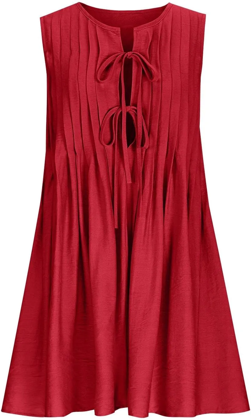Women's Tie Front Mini Dress Pleated Swing Beach Vacation Sundress 2025 Sleeveless Summer Tank Dresses