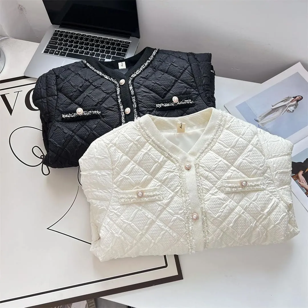 Women's Warm Parka Autumn And Winter Collarless Argyle Thin Cotton-Padded Coat