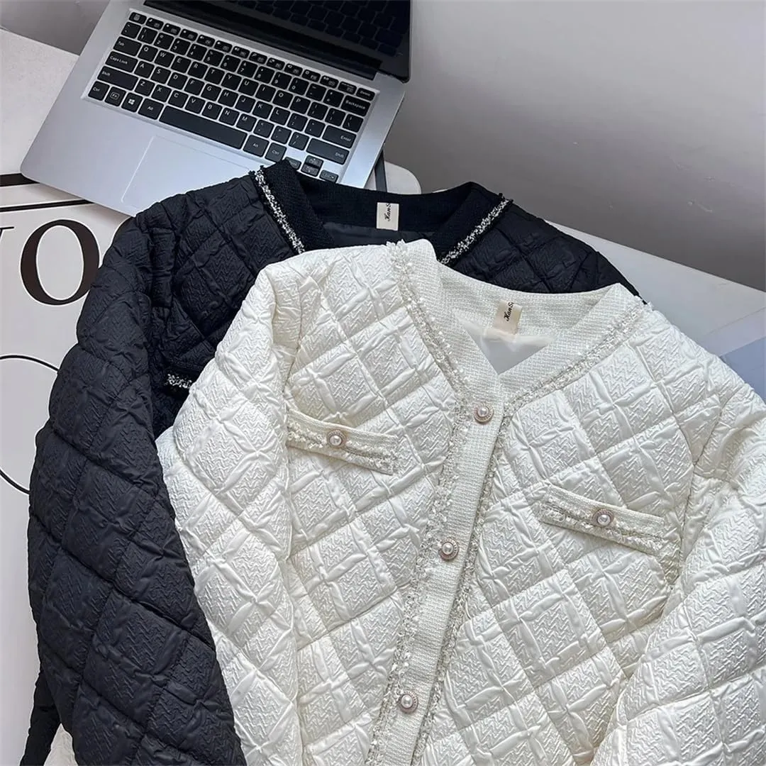 Women's Warm Parka Autumn And Winter Collarless Argyle Thin Cotton-Padded Coat