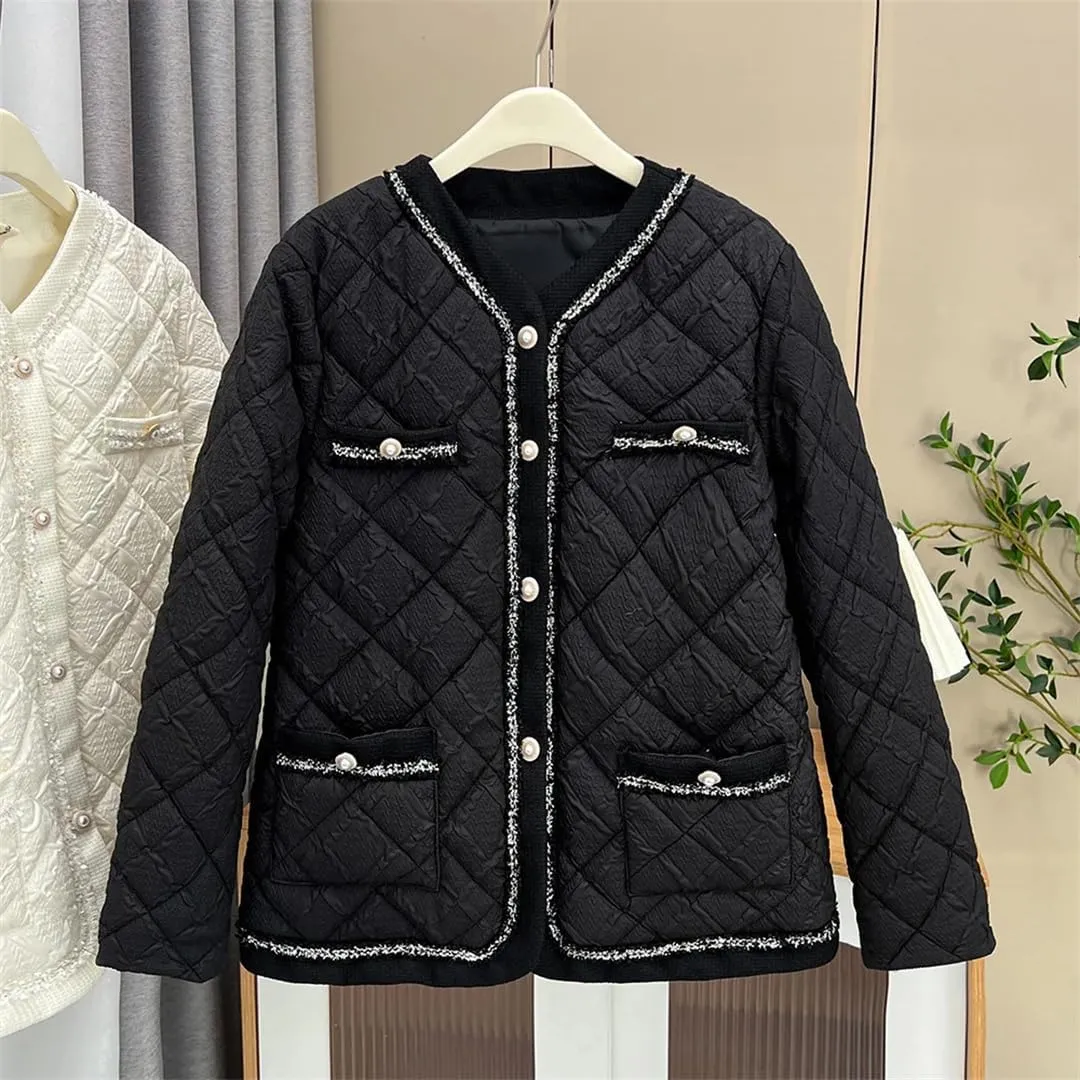 Women's Warm Parka Autumn And Winter Collarless Argyle Thin Cotton-Padded Coat
