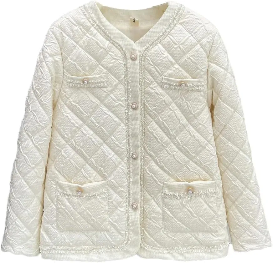 Women's Warm Parka Autumn And Winter Collarless Argyle Thin Cotton-Padded Coat
