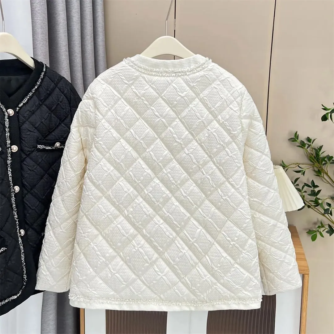 Women's Warm Parka Autumn And Winter Collarless Argyle Thin Cotton-Padded Coat