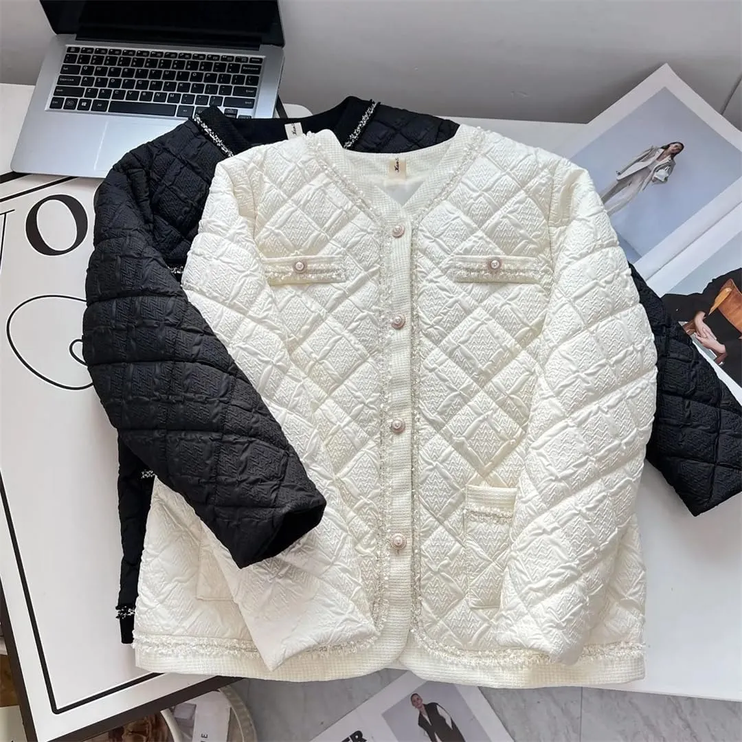 Women's Warm Parka Autumn And Winter Collarless Argyle Thin Cotton-Padded Coat