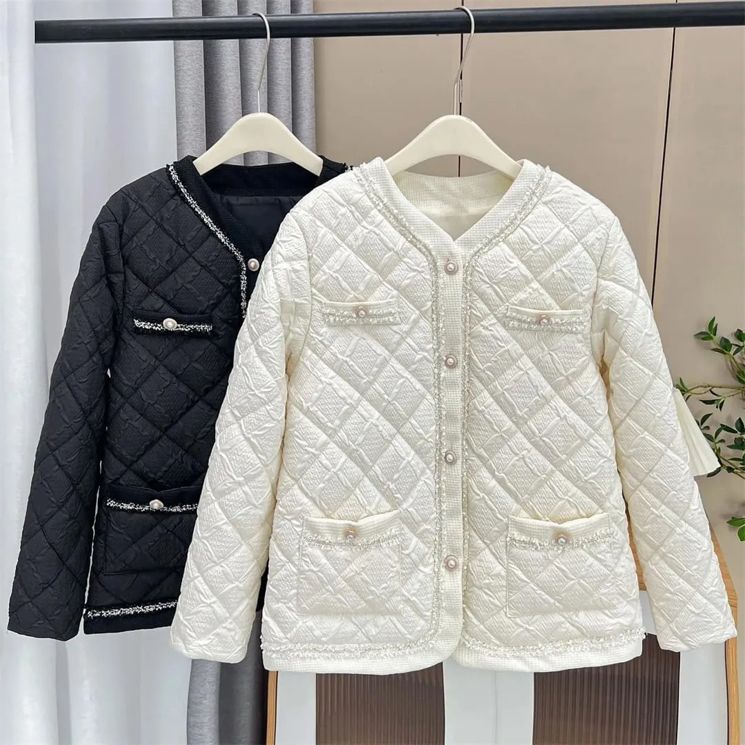 Women's Warm Parka Autumn And Winter Collarless Argyle Thin Cotton-Padded Coat