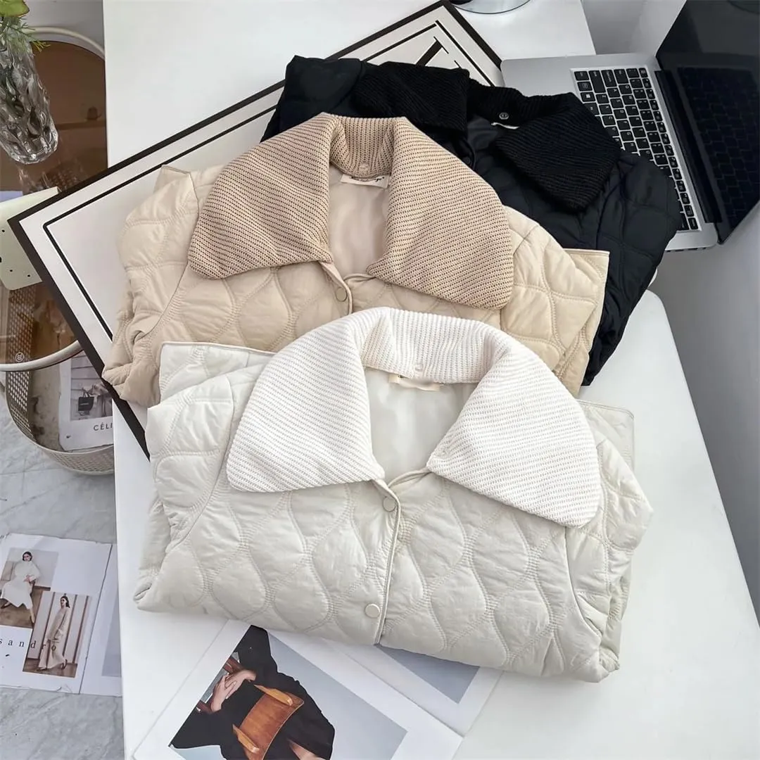 Women's Warm Parka Autumn And Winter Detachable Knitted Large Lapel Thin Cotton-Padded Coat