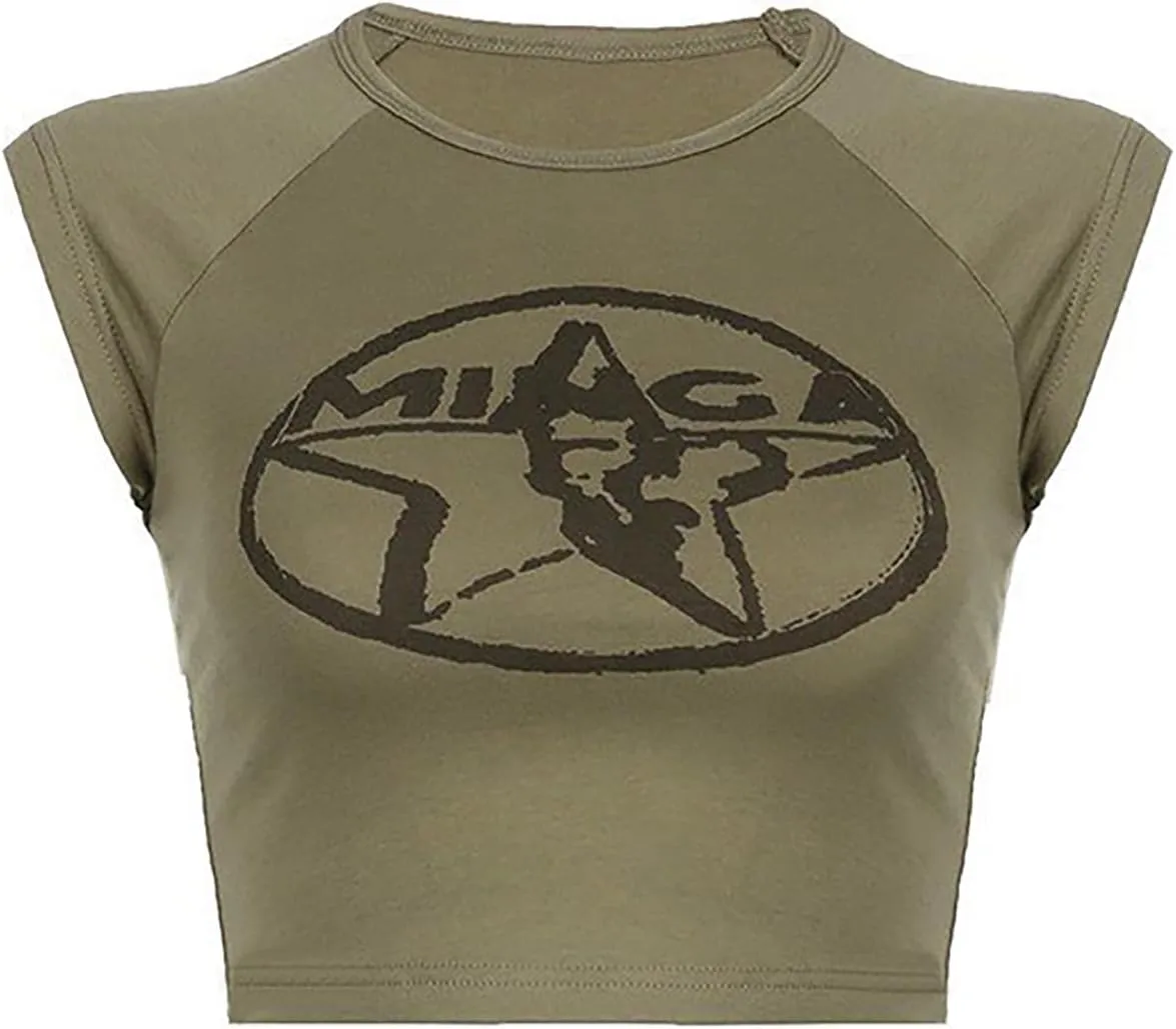 Xineicy Crop Tops for Women Short Sleeve Crew Neck 2000s Graphic Baby Tees Vintage Grunge Y2k Shirts