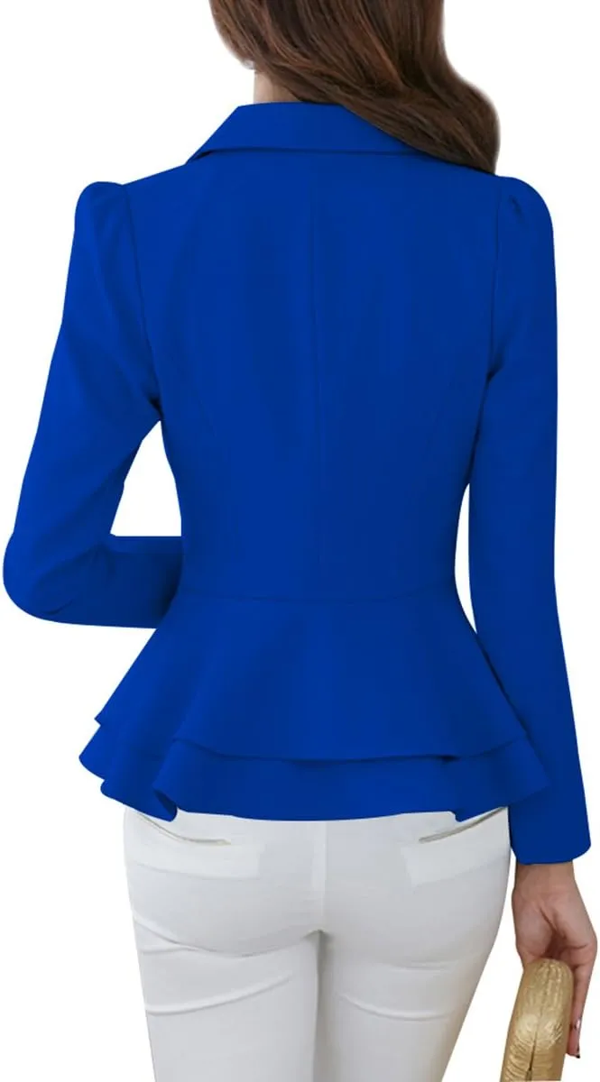 YMING Women's Button Down Slim Blazer Solid Color Office Cardigan Long Sleeve Ruffle Hem Jacket Plus Size